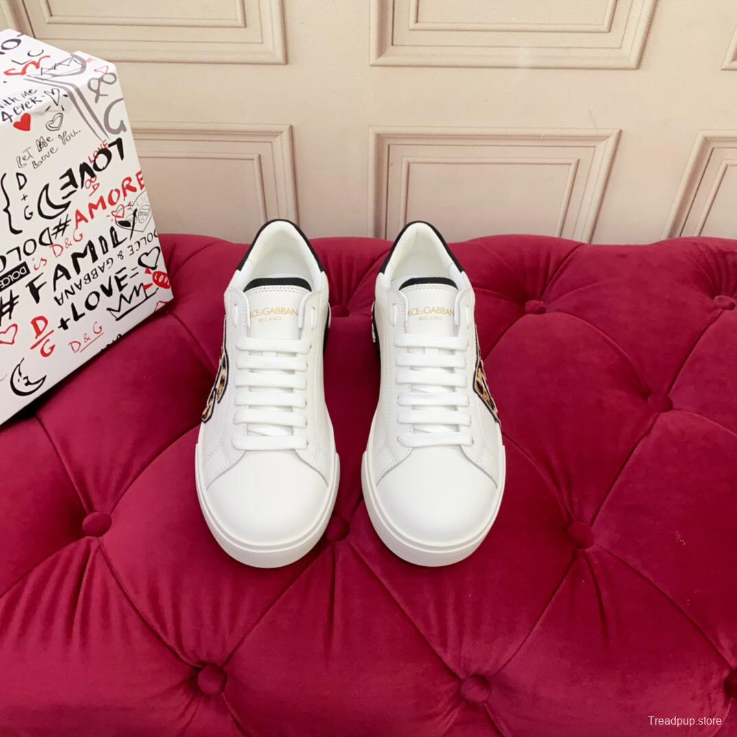 2025 Women Dolce & Gabbana White Leopard Print Leather Sneakers LY00300