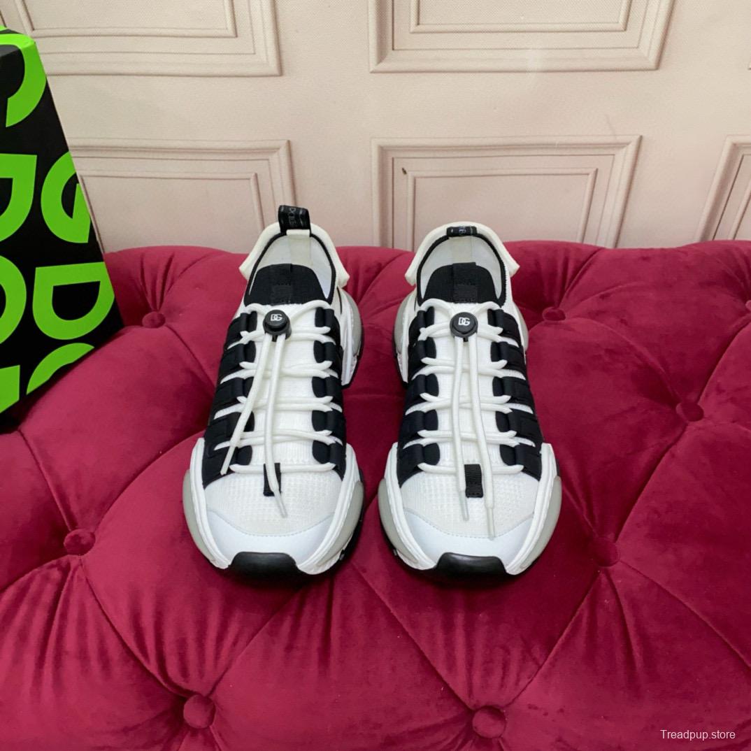 2024 Unisex Dolce & Gabbana Black White Knit Leather Sneakers MJ00340