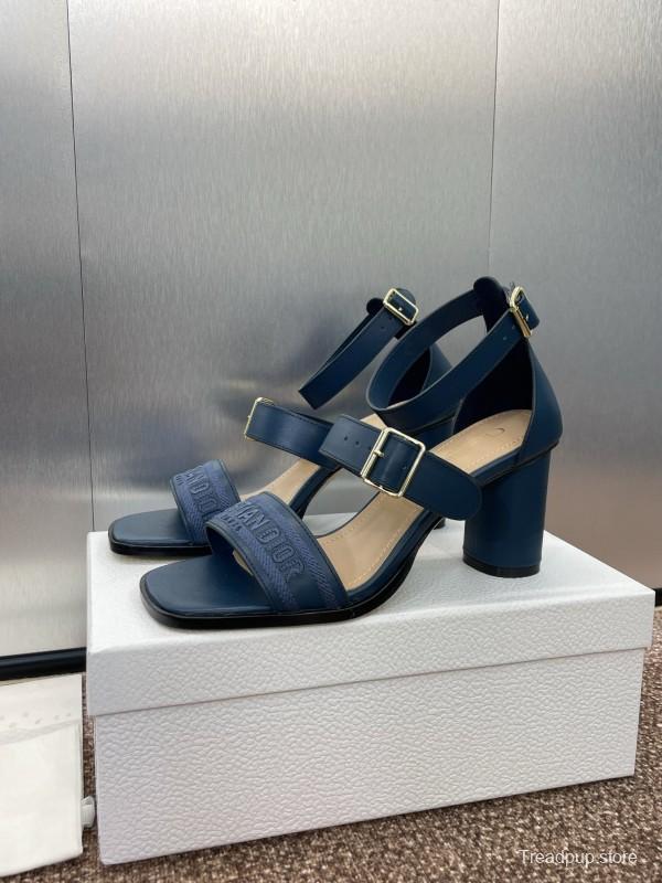 2025 Women Dior Navy Blue Leather Sandals Ankle Strap KFY00310