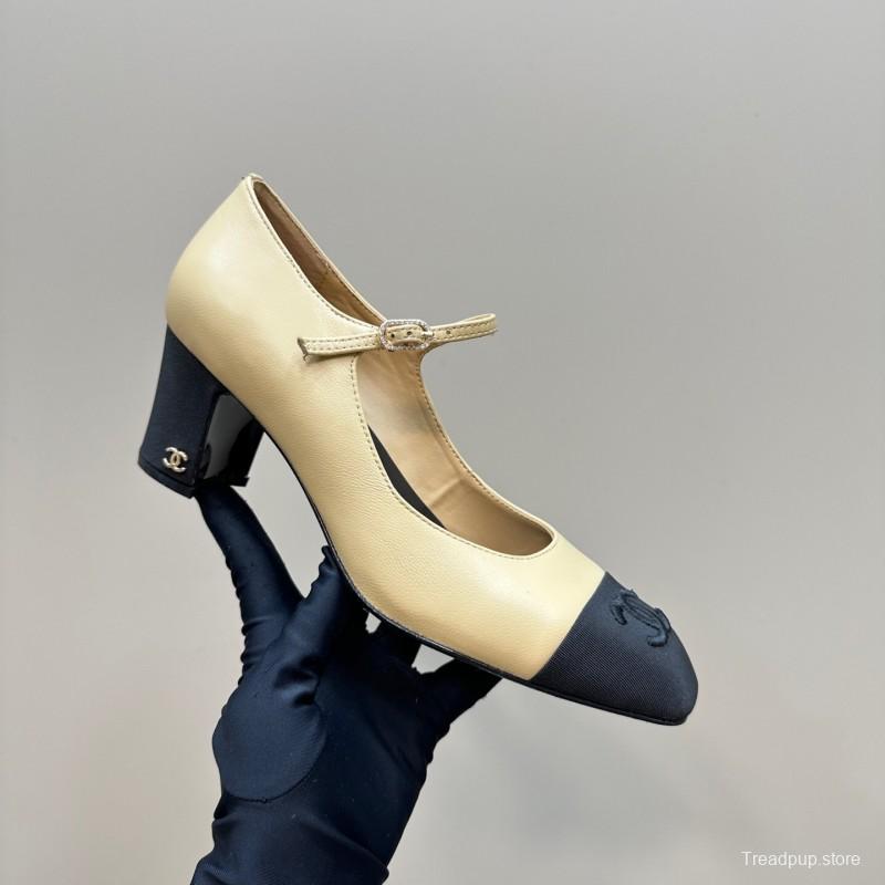 2025 Women Chanel Beige Black Leather Mary Jane Shoes KFY00290