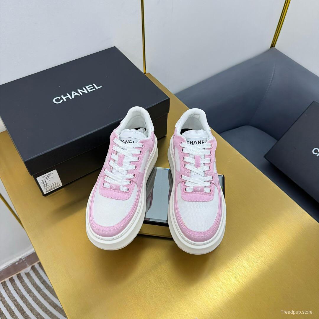 2025 Women Chanel Pink White Leather Suede Platform Sneakers