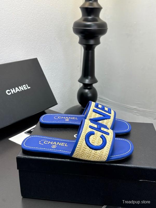 2025 Women CHANEL Blue Beige Canvas Slippers