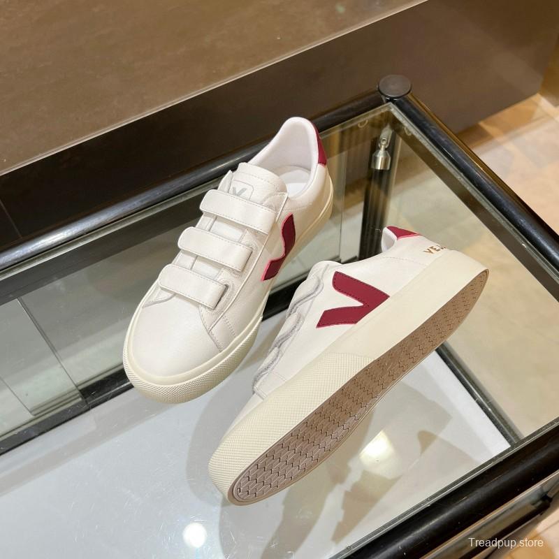 2025 Unisex VEJA White Burgundy Leather Canvas Sneakers MJ00240