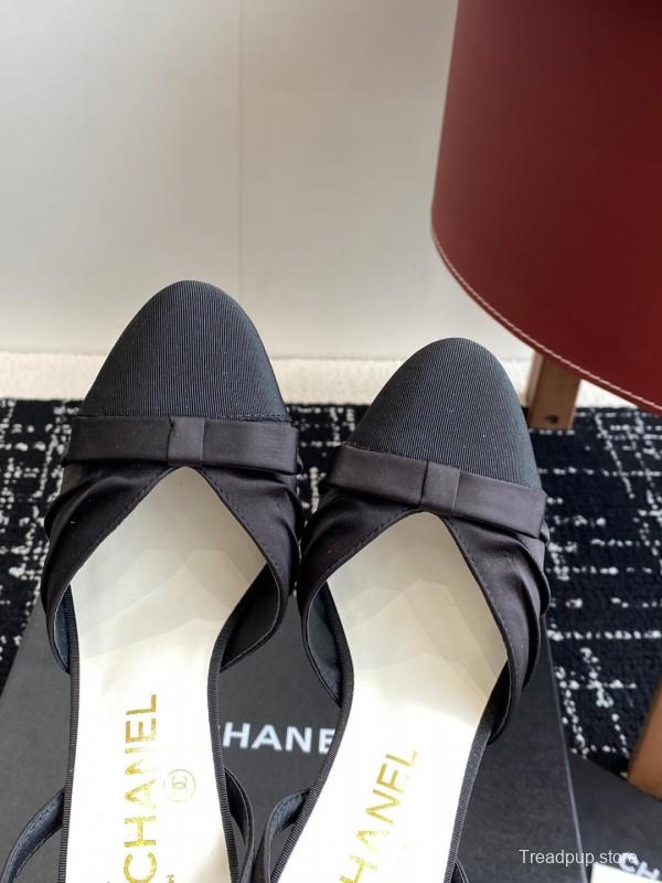 2025 Women Chanel Black Satin Leather High Heels Bow Slingback KFY00289