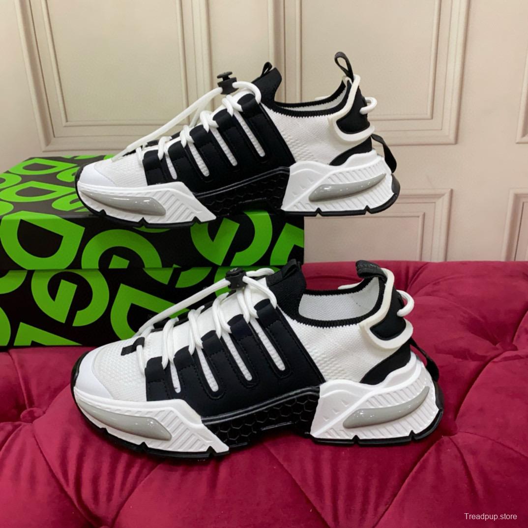 2024 Unisex Dolce & Gabbana Black White Knit Leather Sneakers MJ00340