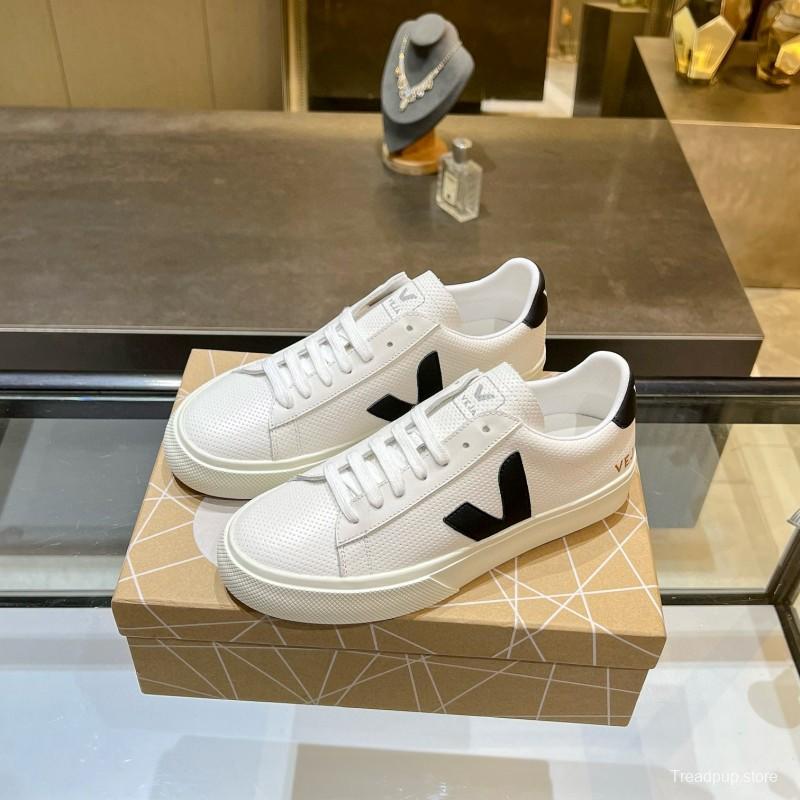 2025 Unisex VEJA White Black Leather Canvas Sneakers V Logo MJ00240(W/M)