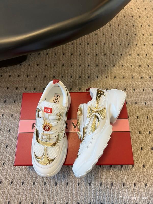 2025 Women Roger Vivier White Gold Leather Mesh Sneakers KFY00380