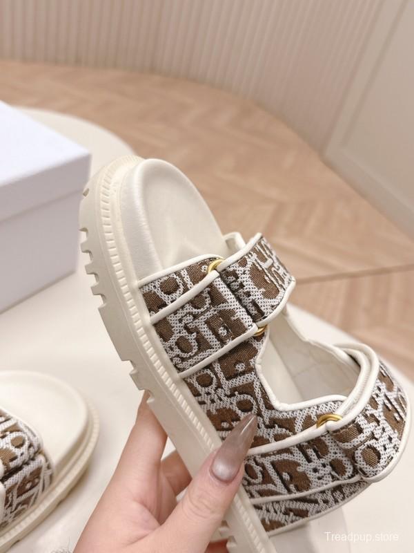2025 Women Dior Brown Beige Canvas Leather Sandals LY