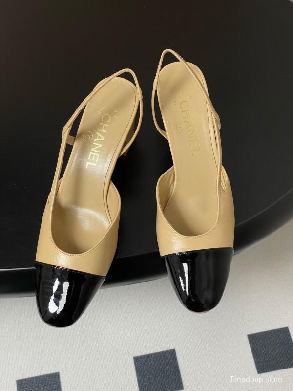 2025 Women Chanel Beige Black Leather Sling-back Classic Heel