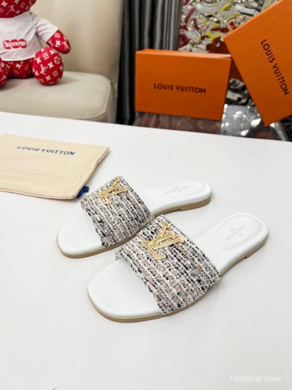 2025 Women Louis Vuitton White Tweed Leather Slippers LY00210