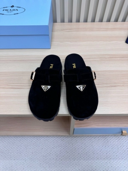 2025 Slippers Prada Black Suede Slippers LY00280