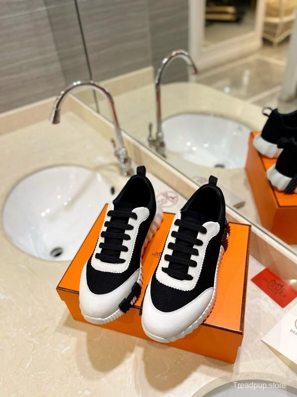 2024 Unisex Hermès Black White Knitted Leather Sneakers