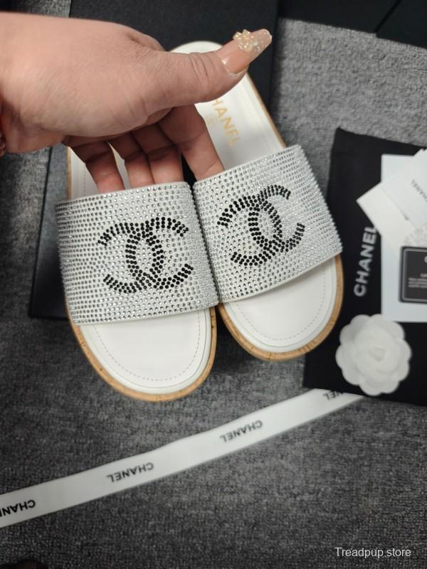 2025 CHANEL Silver Crystal Leather Slippers