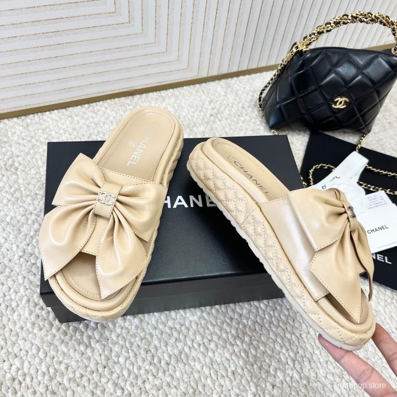 2025 Women Chanel Beige Leather Slippers Bow KFY00310
