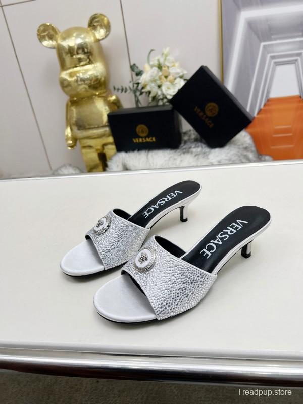 2025 Women VERSACE White Crystal Satin Mules