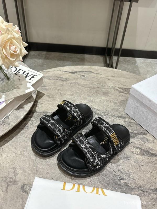 2025 Women Dior Black White Fabric Leather Sandals KFY00300
