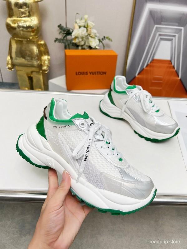2025 Unisex Louis Vuitton White Green Leather Mesh Rubber Sneakers LY00340