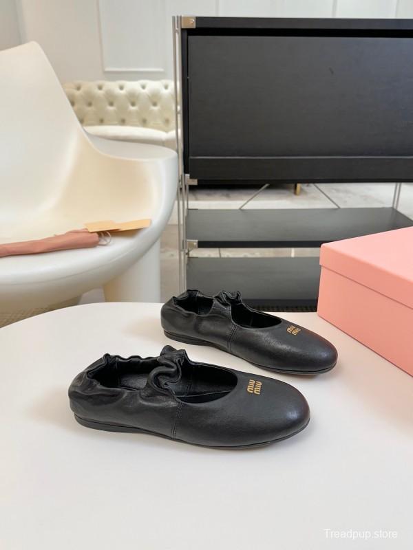 2025 Women Miu Miu Black Leather Ballet Flats
