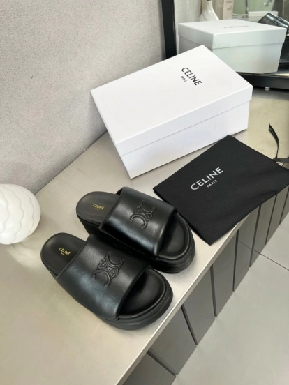 2025 Women Celine Black Leather Slippers