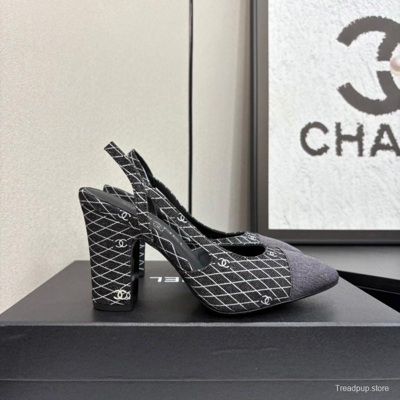 2025 Women Chanel Black Grey Fabric Slingback Heels LY00270
