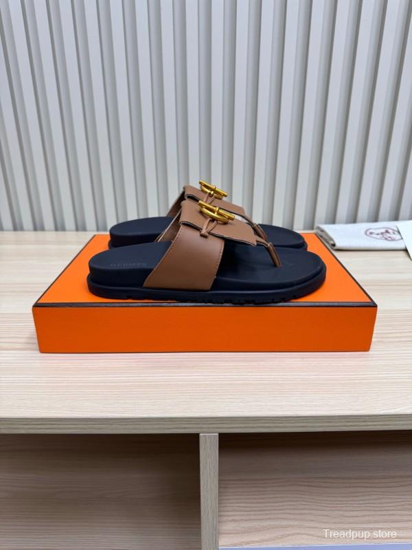 2025 Slippers Hermès Brown Black Leather Slippers