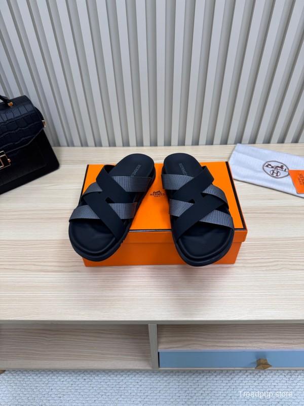 2025 Unisex Hermès Black Grey Leather Slippers