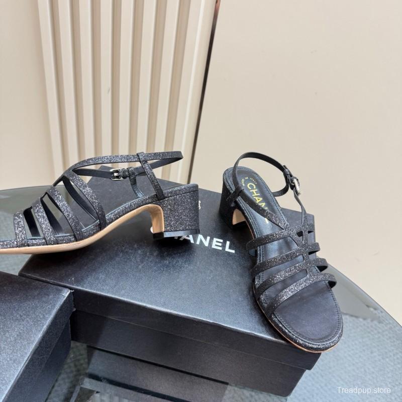 2025 Women Chanel Black Leather Sandals KFY00290