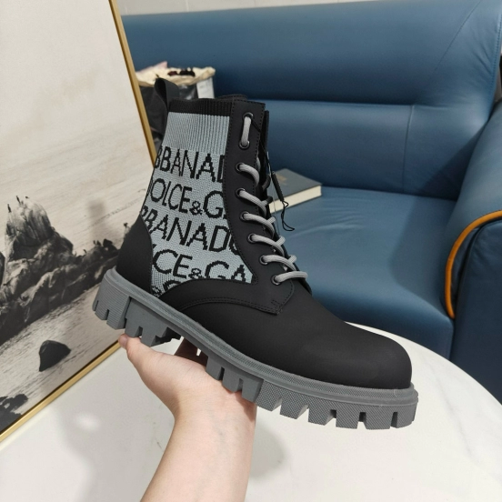 2024 Unisex Dolce & Gabbana Black Light Grey Fabric Leather Boots