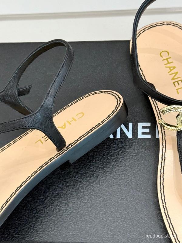 2025 Women Chanel Black Leather Sandals KFY00290