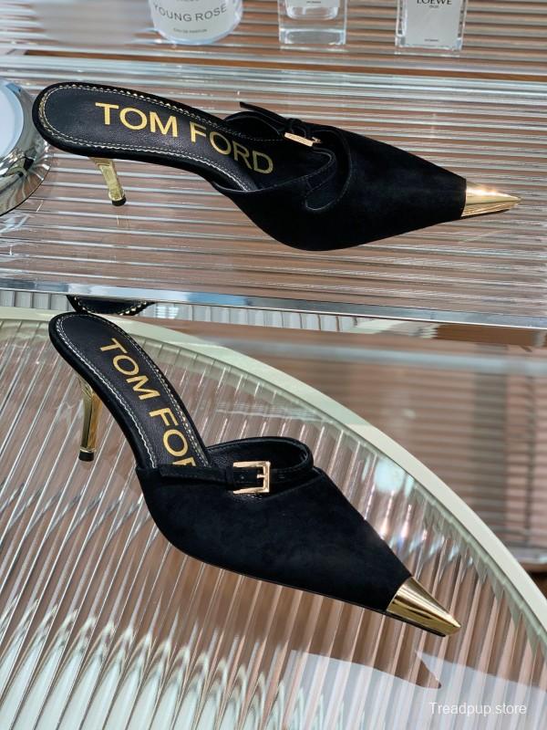 2025 Women TOM FORD Black Suede Leather Pointed Toe Metal Tip Mules