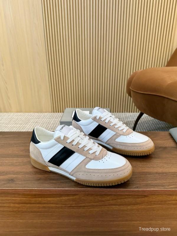 2025 Unisex TOM FORD White Black Beige Leather Suede Sneakers LY00360