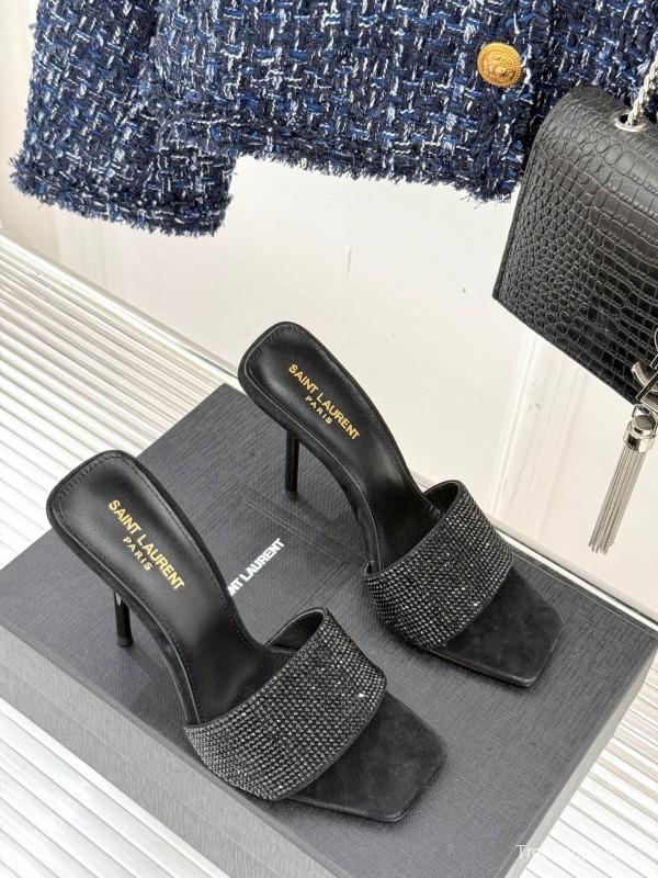 2025 Women Yves Saint Laurent Black Rhinestone Leather High Heel Slippers LY00300