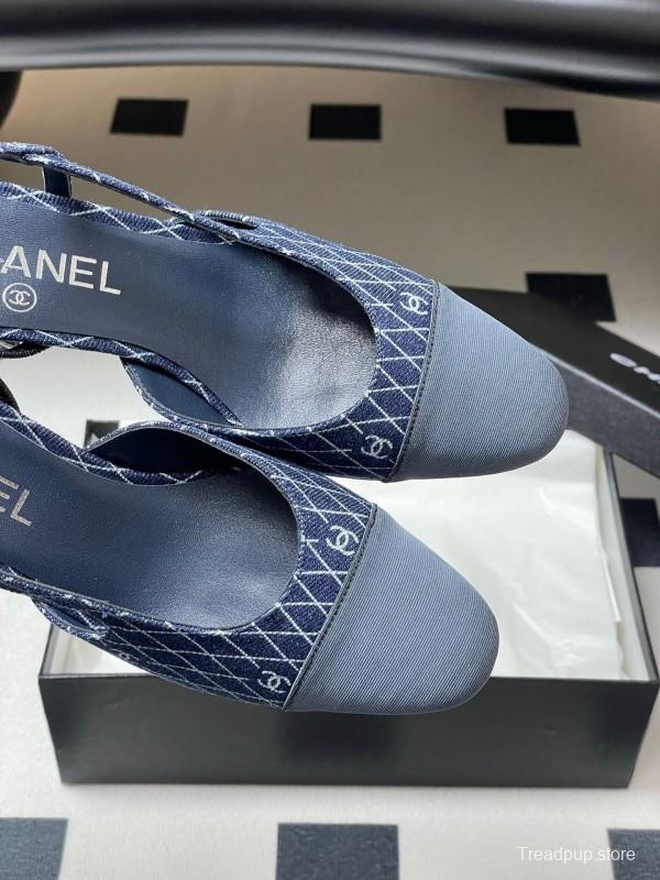 2025 Women Chanel Blue Denim Leather Sling-back Heels