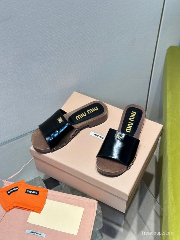 2025 Women Miu Miu Black Leather Slippers