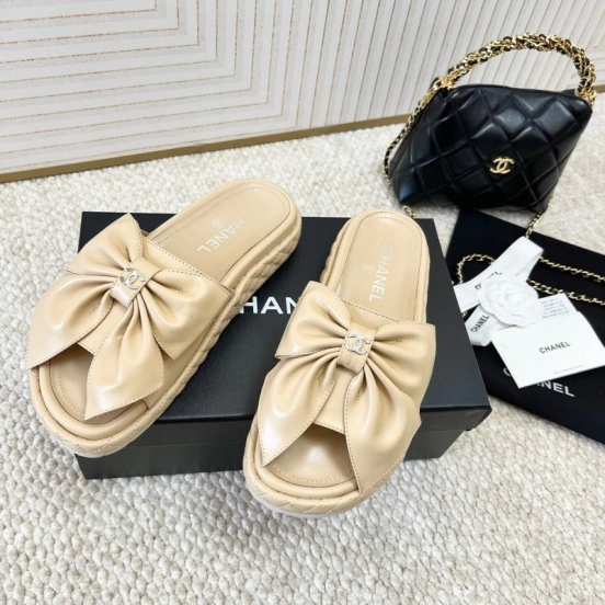 2025 Women Chanel Beige Leather Slippers Bow KFY00310