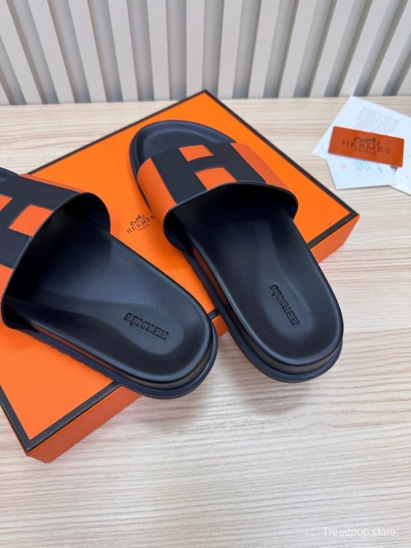 2025 Slippers Hermès Orange Black Leather Slippers