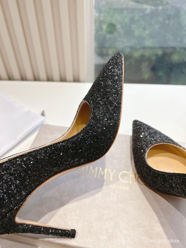 2025 Women Jimmy Choo Black Glitter Leather High Heel Pumps KFY00280