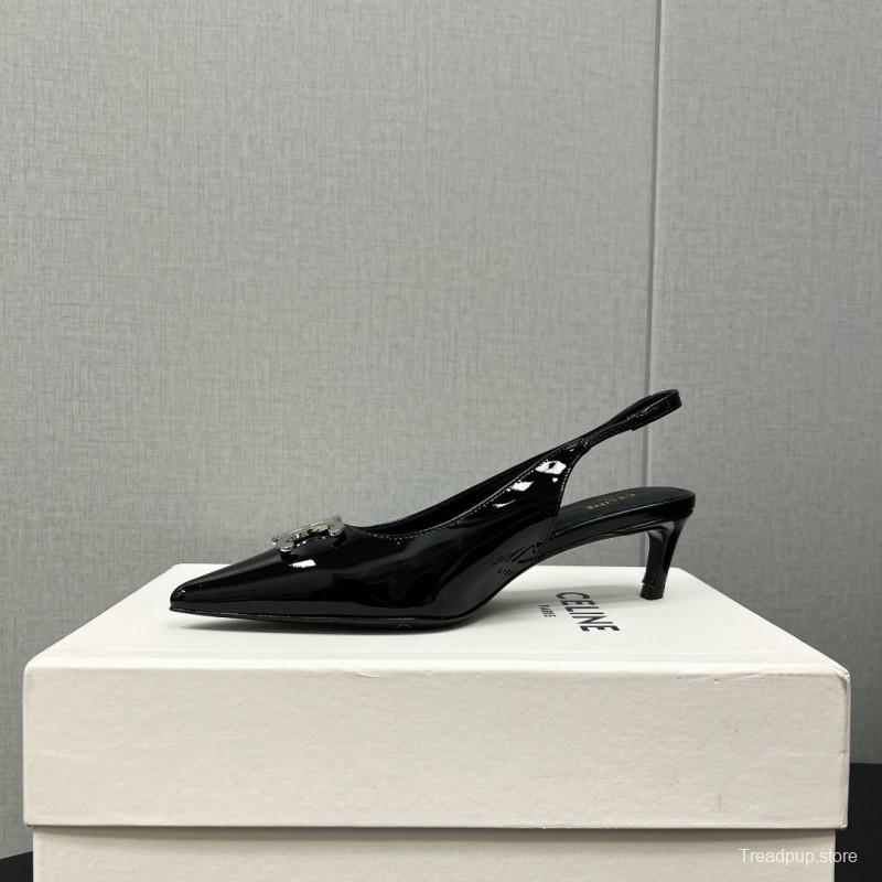 2025 Women Celine Black Patent Leather Slingback Heels KFY00290