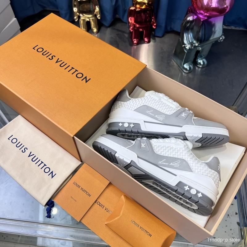 2025 Unisex Louis Vuitton White Grey Leather Fabric LV Trainer