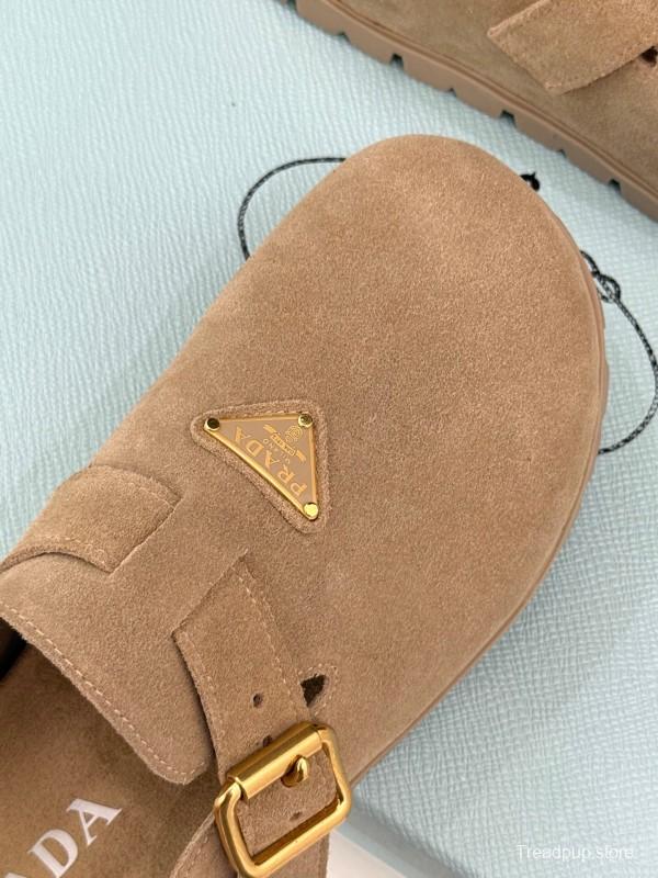 2025 Women Prada Beige Suede Clogs Buckle KFY00280