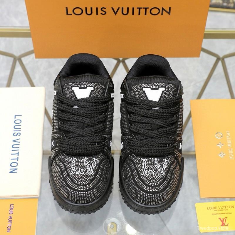 2024 Unisex Louis Vuitton Black Rhinestone Leather LV Trainer Sneakers MJ00430