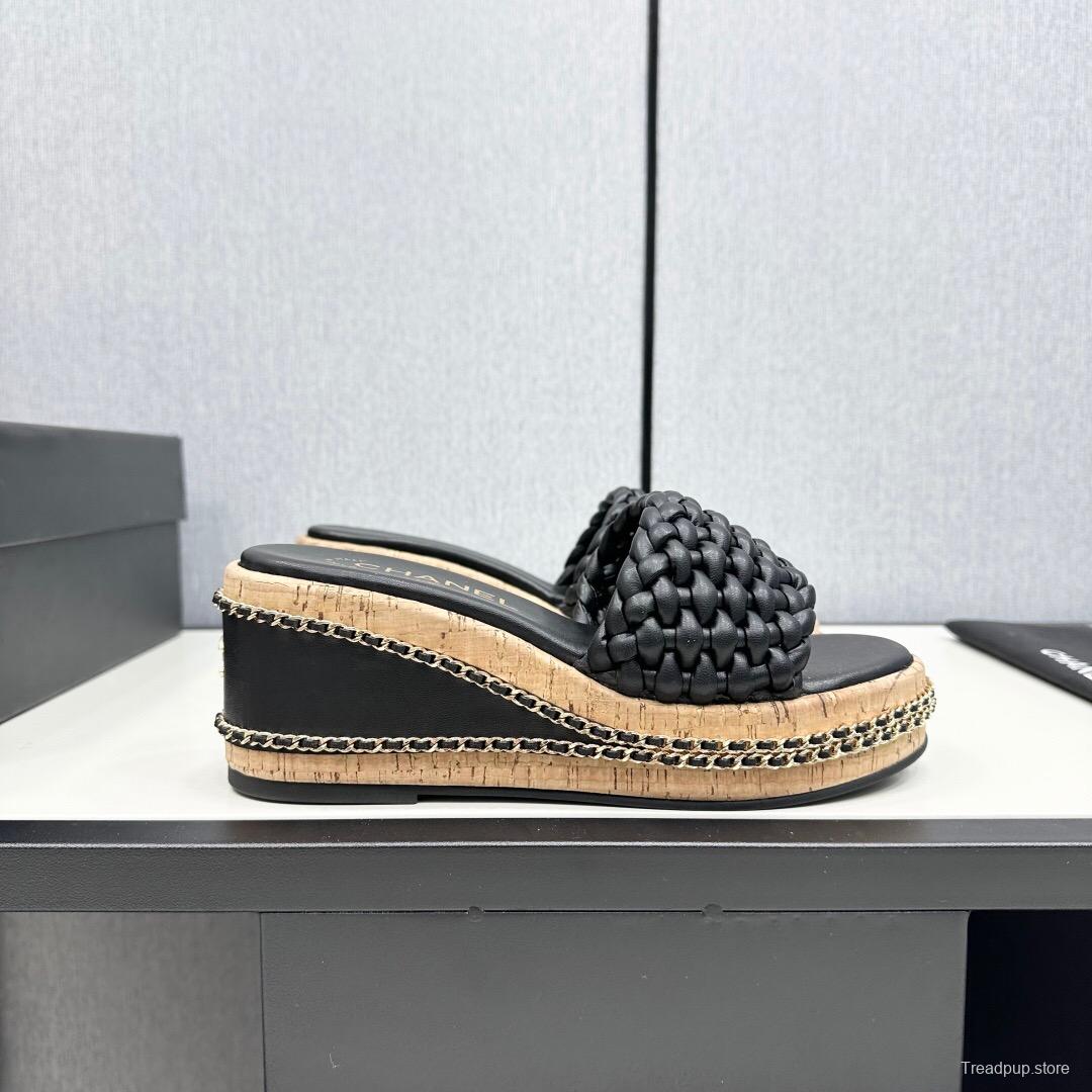 2025 Women Chanel Black Leather Woven Platform Sandals