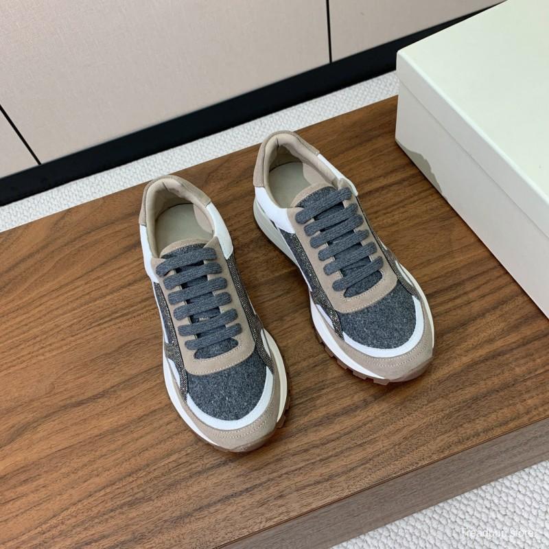2025 Unisex Brunello Cucinelli Beige Gray White Leather Wool Casual Sneakers LY