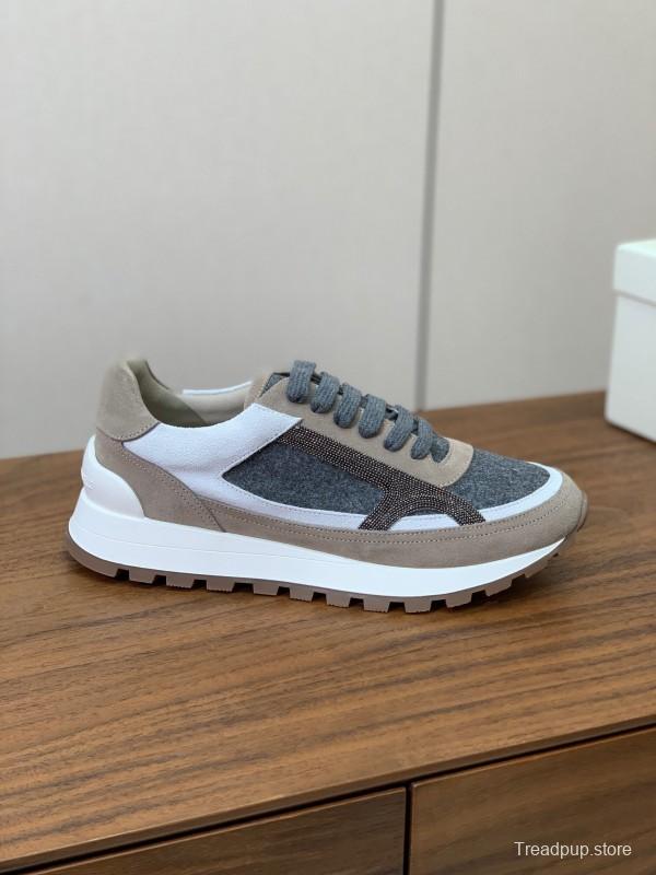 2025 Unisex Brunello Cucinelli Beige Gray White Leather Wool Casual Sneakers LY