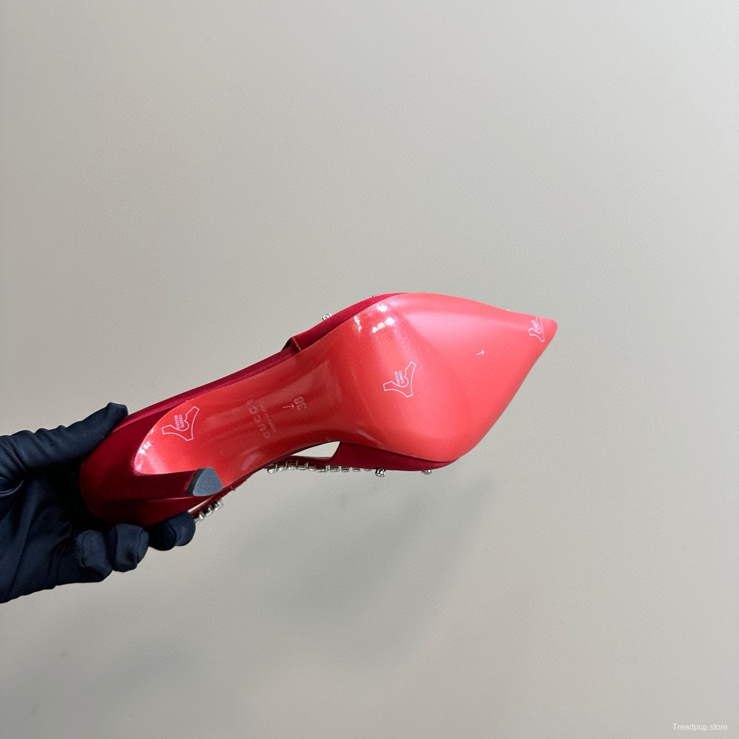 2025 Women Gucci Red Satin High Heel Slingback Crystal MJ00340