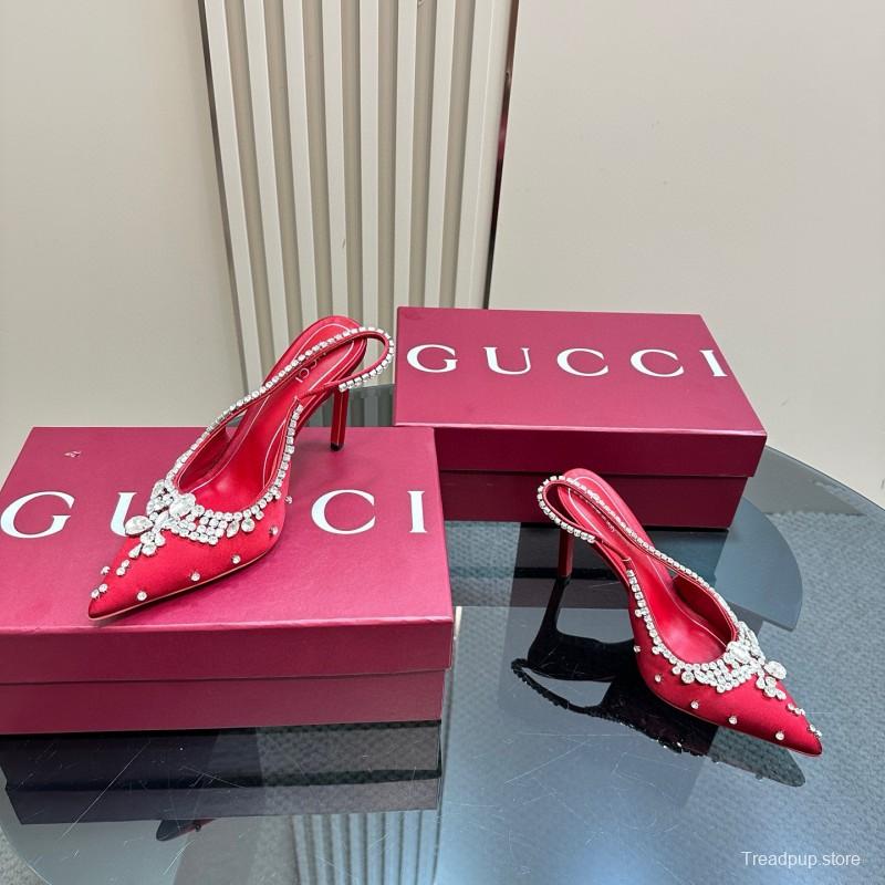 2025 Women Gucci Red Satin High Heel Slingback Crystal MJ00340