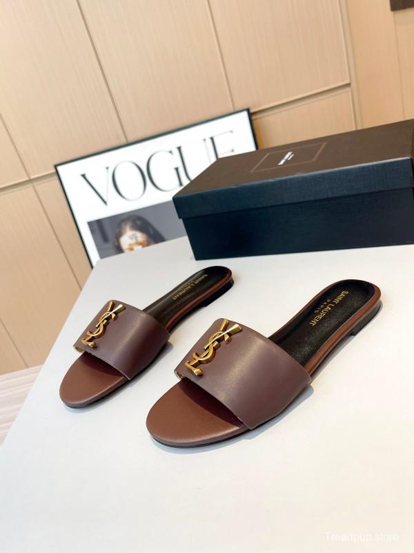 2025 Women Yves Saint Laurent Brown Leather Slippers LY00180