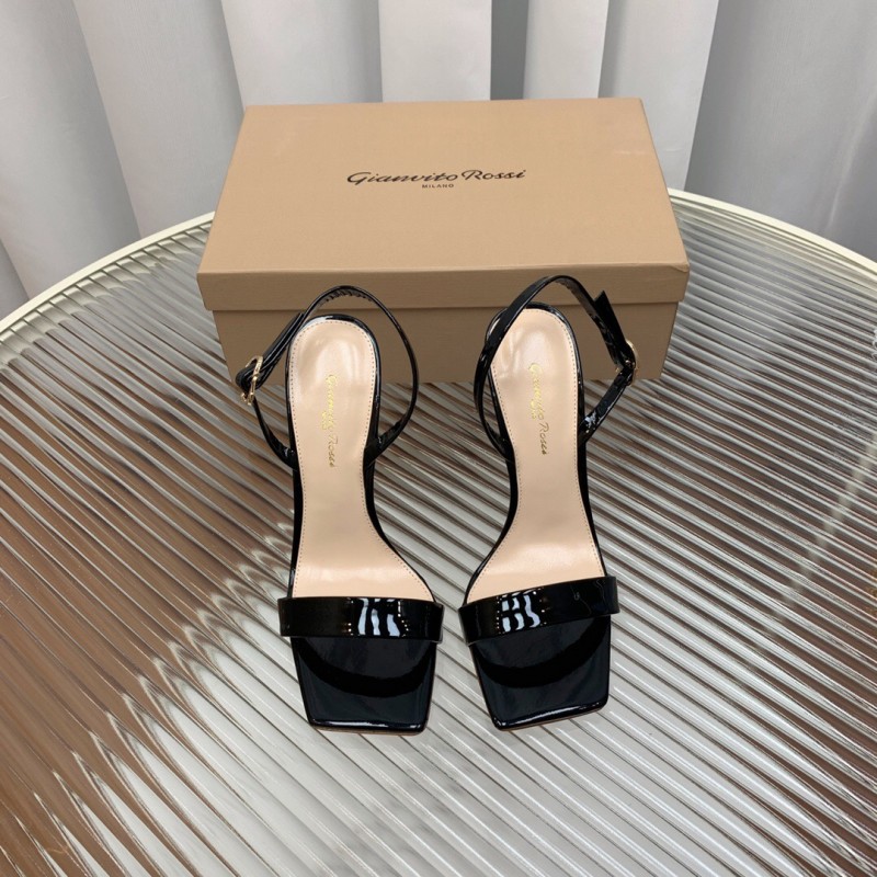 2025 Women Gianvito Rossi Black Patent Leather Slingback Sandals