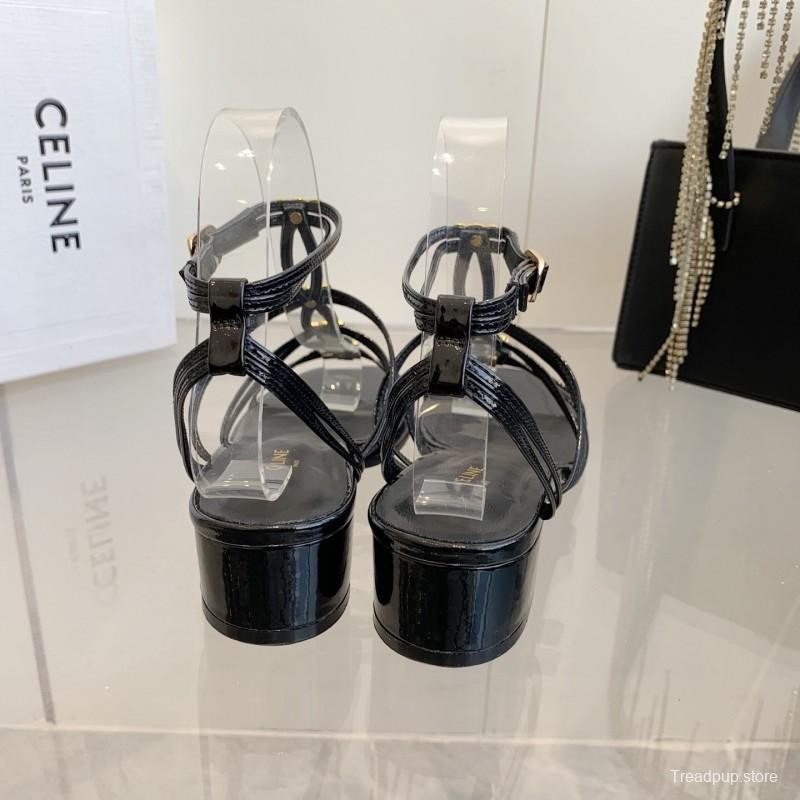 2025 Women Celine Black Patent Leather Sandals