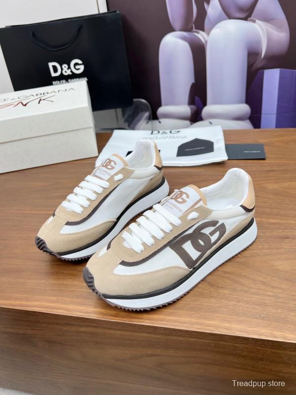 2025 Unisex Dolce & Gabbana White Beige Suede Mesh Sneakers LY00300